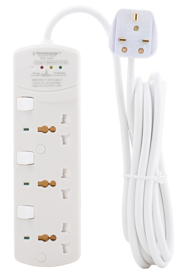 Terminator Brand Universal Power Extension Socket with Surge Protection - 3way 3M