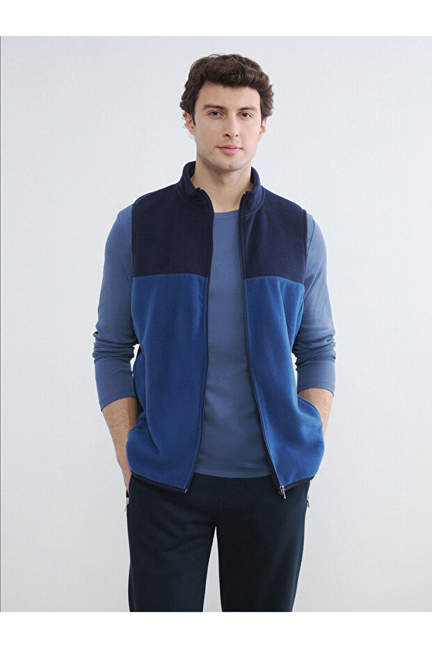 Navy Blue Standard Fit Mock Neck Men's Fleece Vest