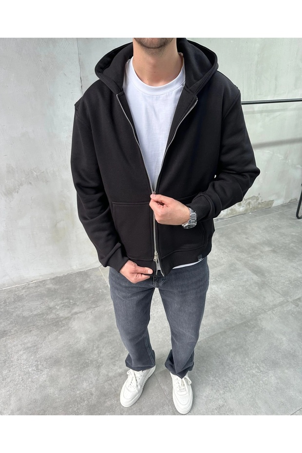 Erkek Kapüşonlu Basic Sweatshirt - 1