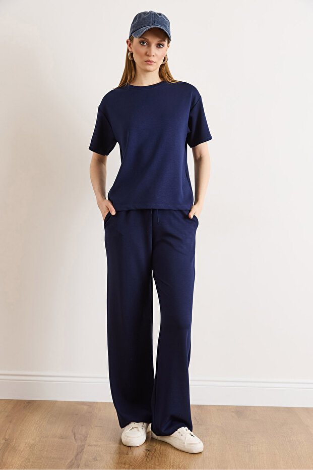 Women's Navy Blue Modal Buttoned Top and Short Sleeve Flowy Set Tkm-19000476