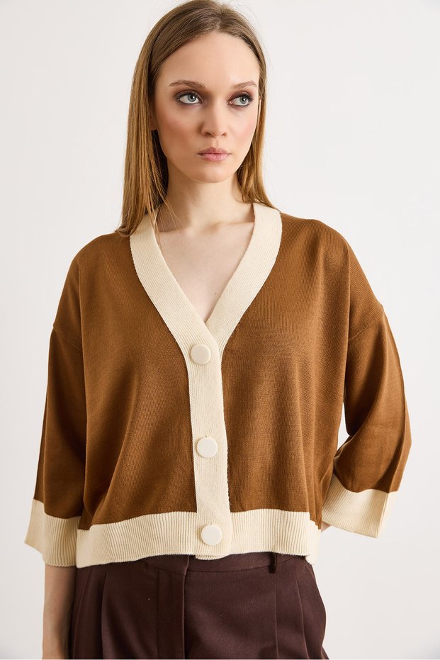 Women's Camel Hair Color-Blocked Bone Buttoned Seasonal Cardigan Hrk-19000481