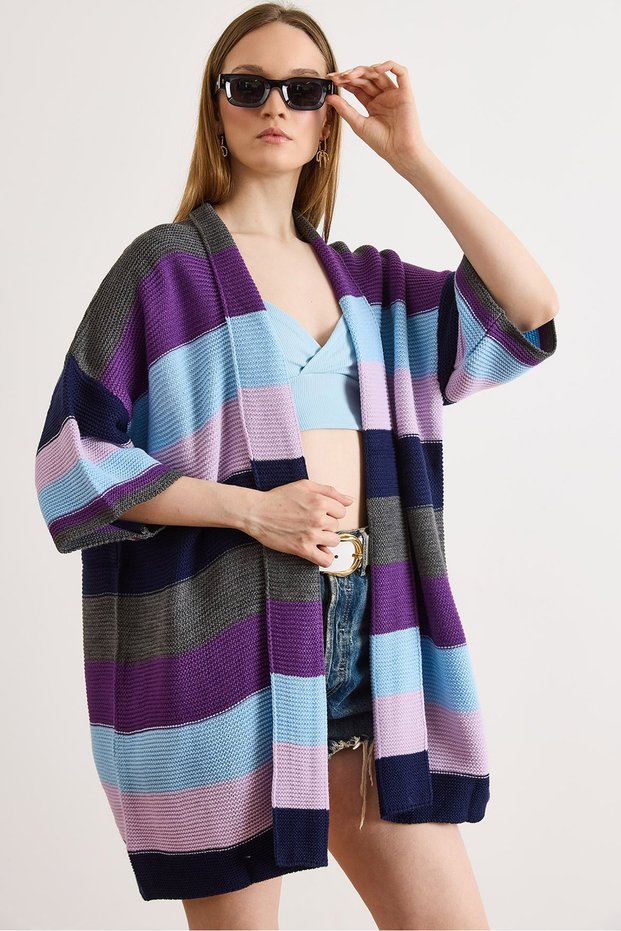 Women's Navy Blue Anthracite Colored Thick Striped Knitwear Cardigan Hrk-19000337