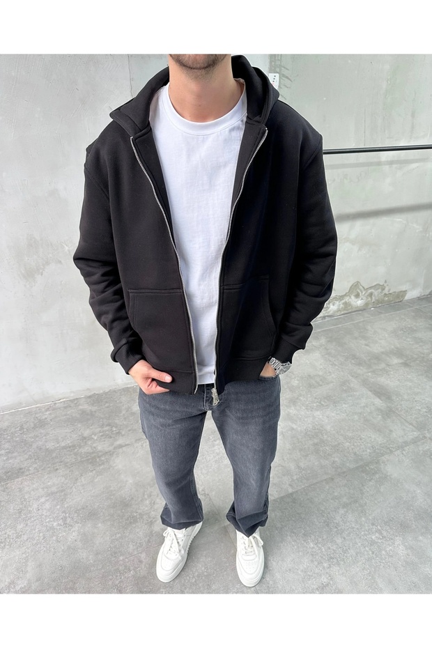 Erkek Kapüşonlu Basic Sweatshirt - 4