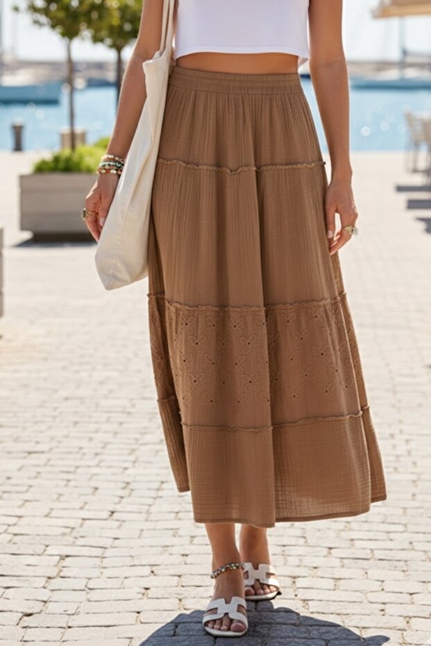 Camel Skirt Ruffled Embroidered Elastic Waist Casual Muslin Long Woven Skirt 92 65