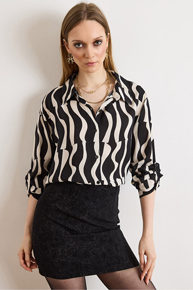 Women's Wave Black Washed Soft Textured Patterned Viscose Shirt Gml-19001305