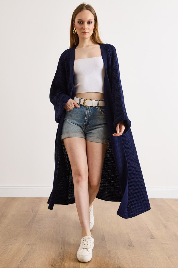 Women's Navy Blue Cuff Folded Maxi Knitwear Cardigan Hrk-19000297