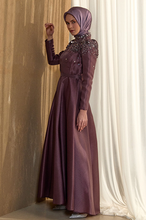 İşlemeli Tafta Abiye Elbise - 4