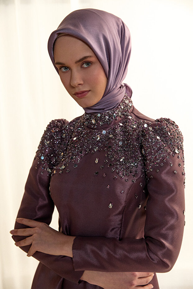 İşlemeli Tafta Abiye Elbise - 6