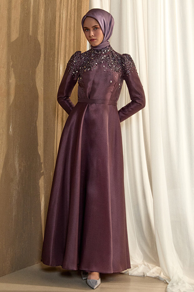 İşlemeli Tafta Abiye Elbise - 3