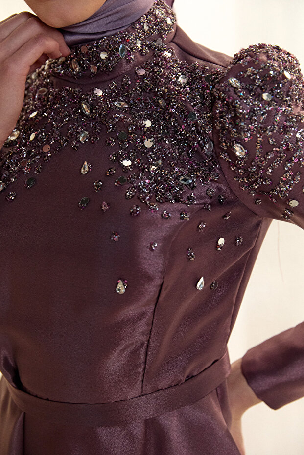 İşlemeli Tafta Abiye Elbise - 7