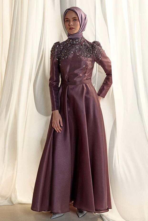 İşlemeli Tafta Abiye Elbise - 1