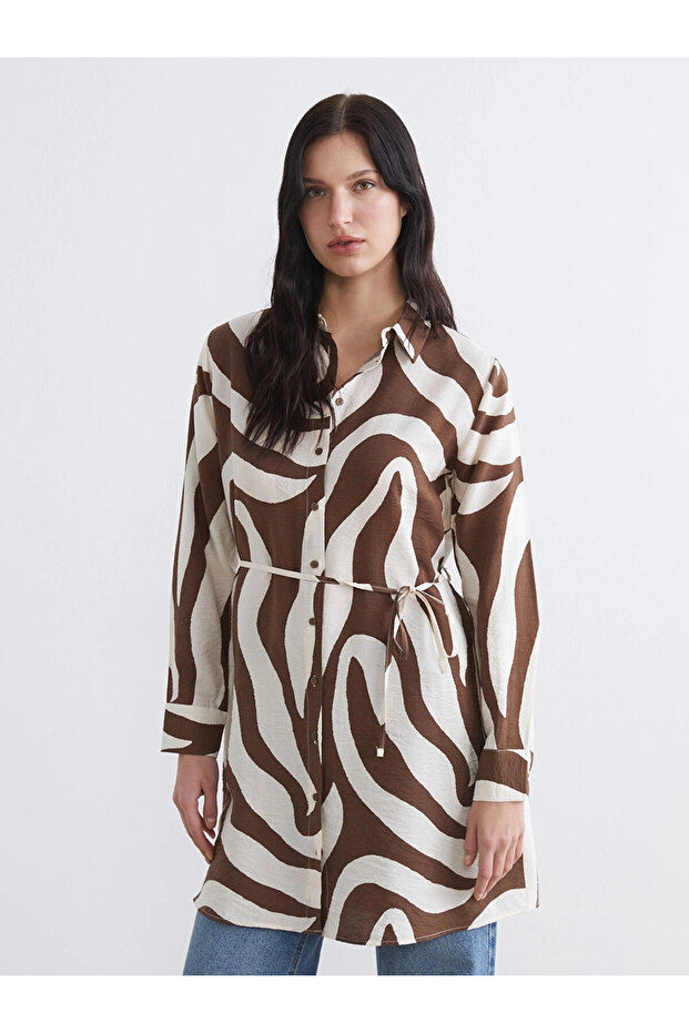 Lcw Everyday Brown Patterned Belted Women's Shirt Tunic