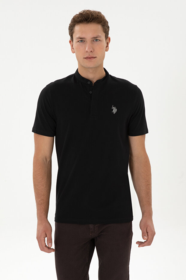 Men's Regular Fit Mandarin Collar Black T-Shirt 50324794-VR046