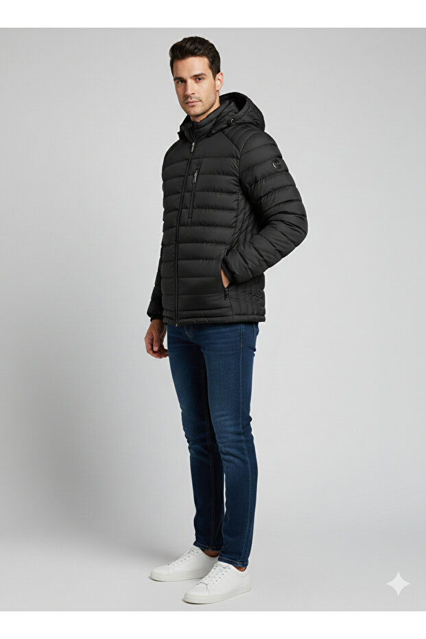 Erkek kapşonlu siyah mont - 2