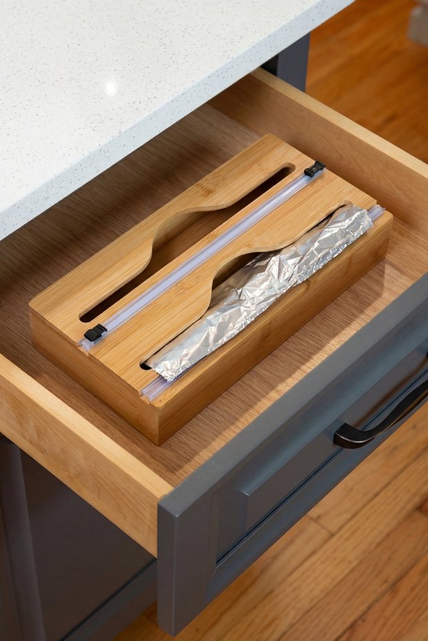 Bamboo Double Foil Holder 33.5X14.7 cm – Organizer with Stretch Film & Aluminum Foil Cutter
