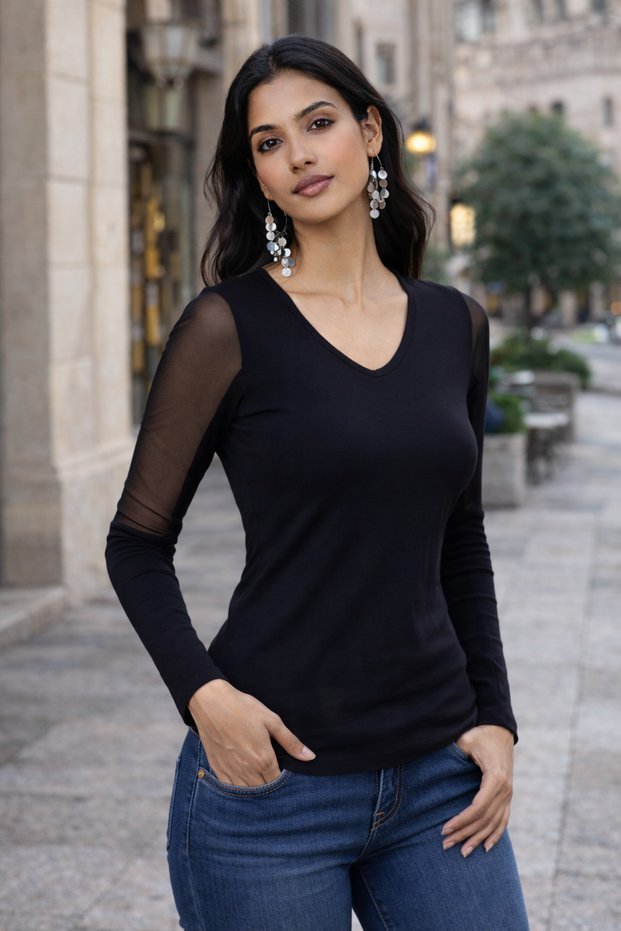 Women's Blouse Black V-Neck Tulle Sleeves Long Sleeve Basic Transparent Stretchy Casual