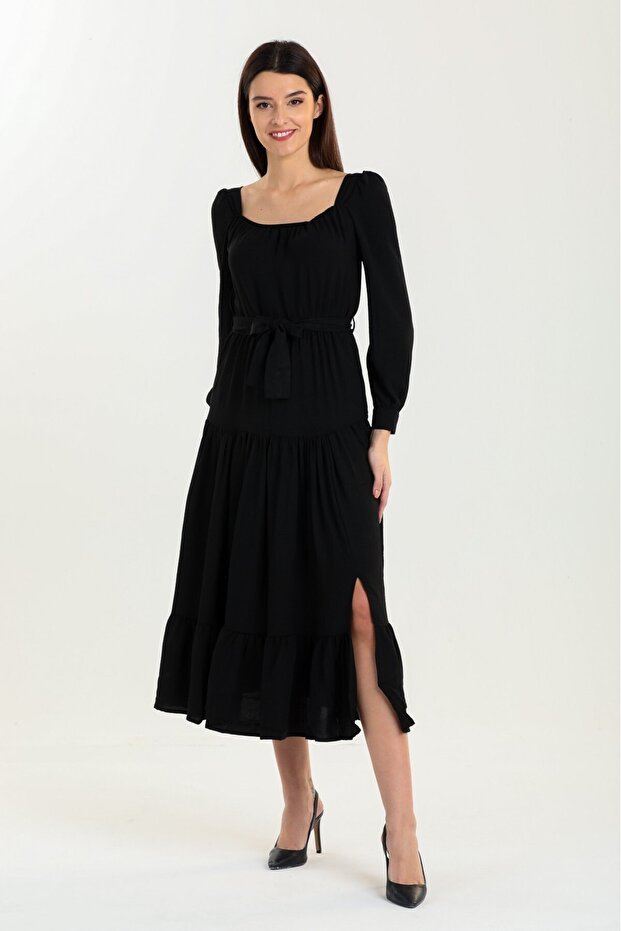 Beli Belted Square Neck Summer Slit Dress