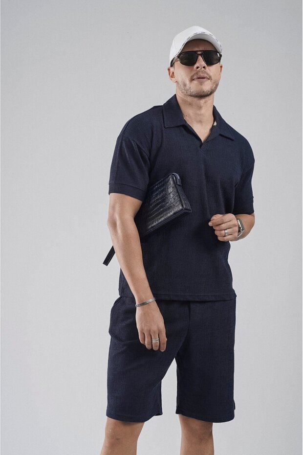 Polo Collar Regular Fit Jacquard Shorts T-Shirt Top and Bottom Set