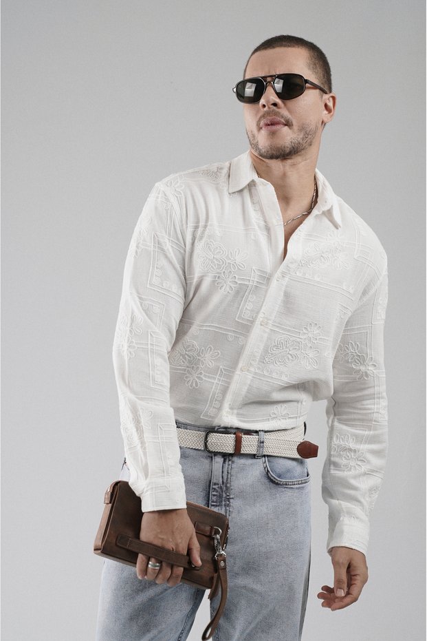 Trend Biz Regular Fit Lattice Fabric Embroidered 100% Cotton Men's Shirt