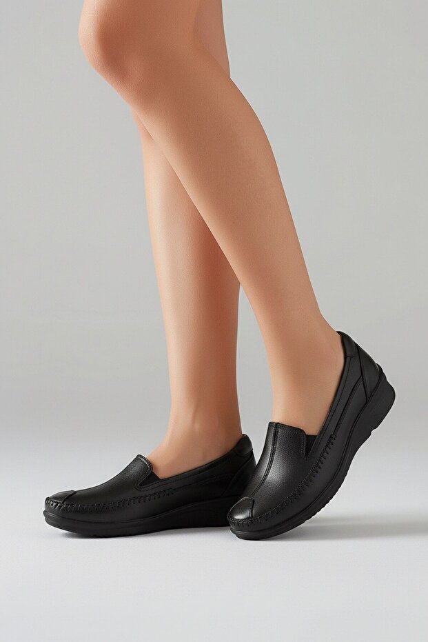 Amelia-H 48002 Black Skin Leather Comfort Women's Shoes