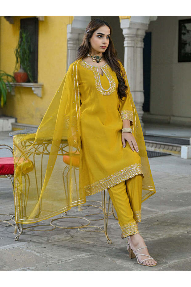 Mustard Silk Blend Solid Embroidered A-Line Kurta Trousers With Dupatta