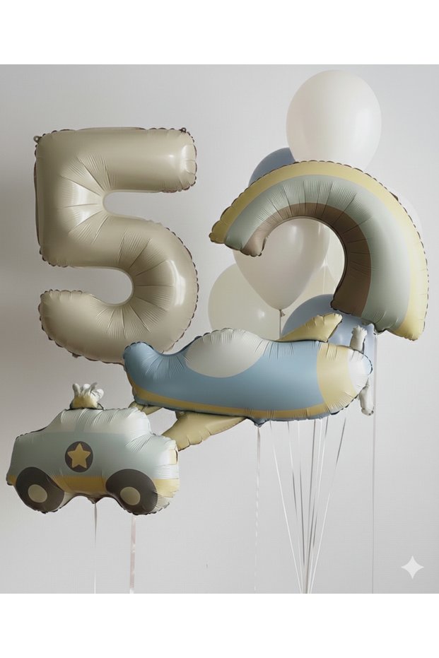Retro Boy's Birthday Concept Retro Car Rainbow Airplane Beige Number Balloon Set 14 Pieces