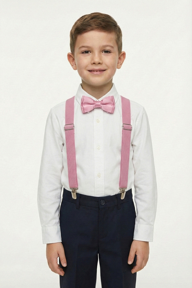 Boy's White Long Sleeve Shirt Pink Suspender Bow Tie Set April 23 October 29 Show Outfit