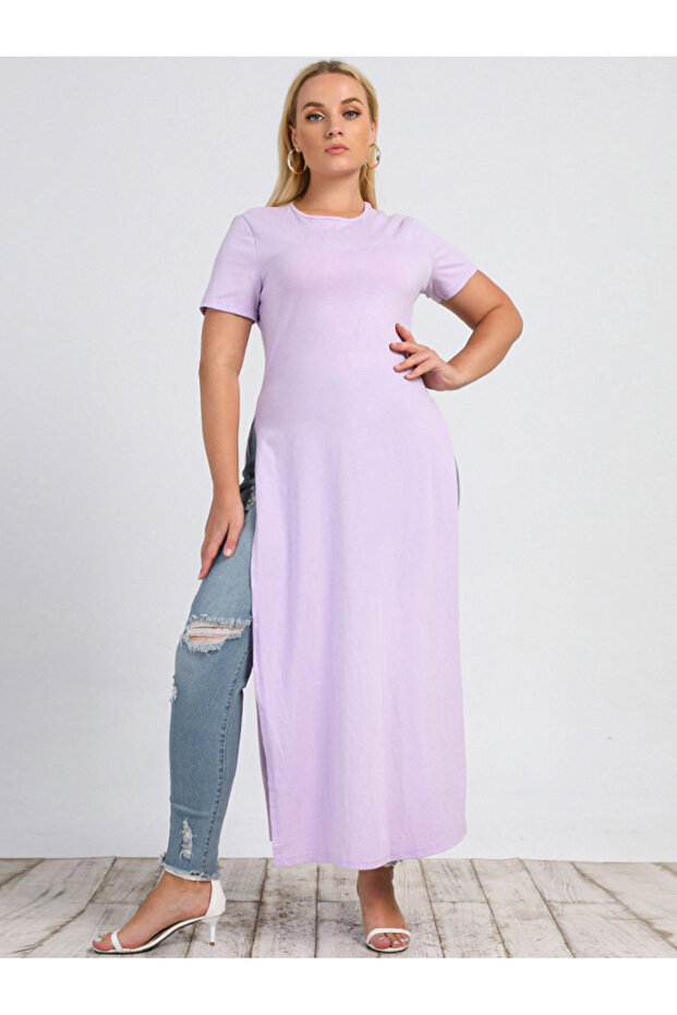 فساتين كاجوال برقبة لون سادة موحد وأكمام عادية بمقاسات كبيرة - 5