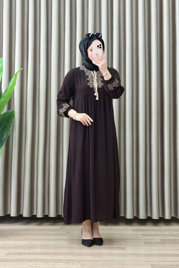 Azi̇ze Dress Viscose Fabric Women's Brown Embroidered Relaxed Cut Dress