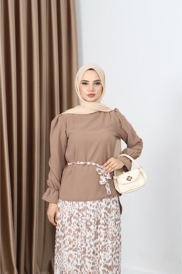 Leopard Printed Piece Pleated Skirt and Belt Detailed Double Suit Set in Tan Hnt8511