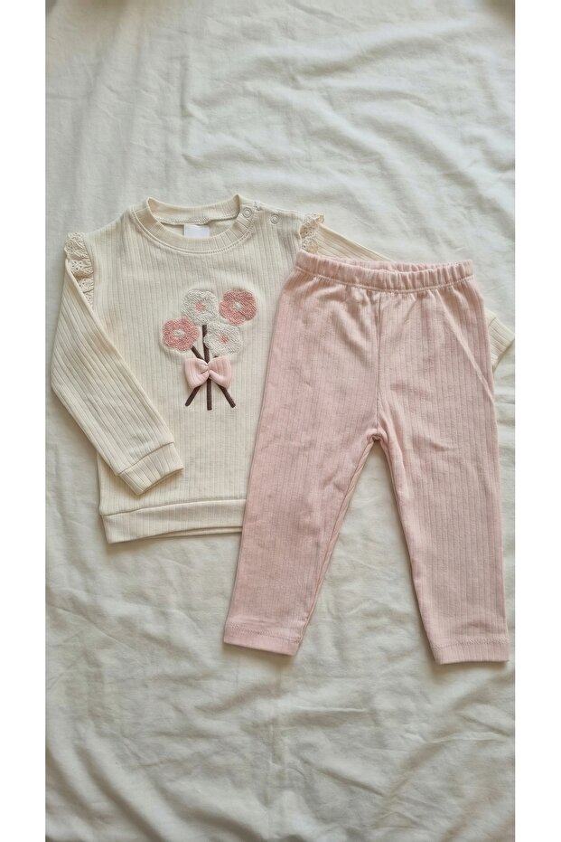 Floral Embroidered Ruffle Detail Corded Fabric Two-Piece Baby Set with Blouse and Pants