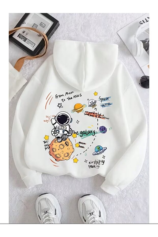 Kapsonlu Kangoru Pocket 3Iplik Cotton Planets Print Sweatshirt