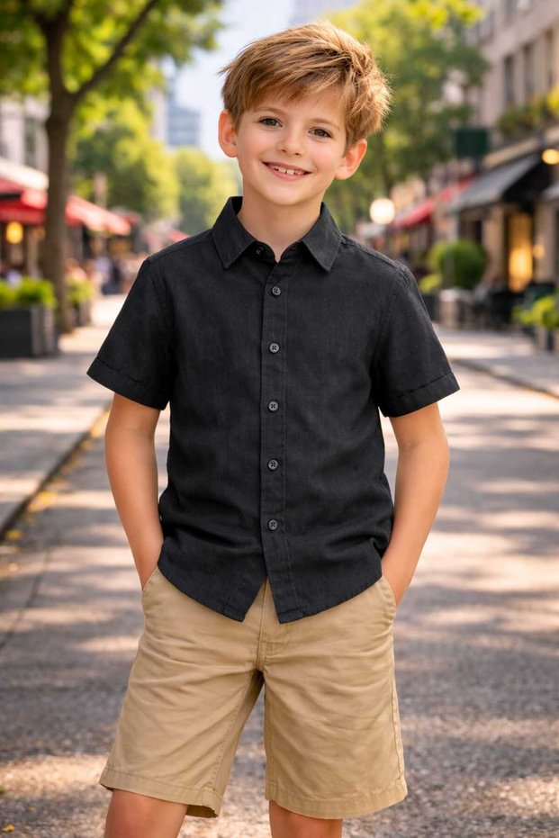 Black Color Plain Boys' Short Sleeve Shirt