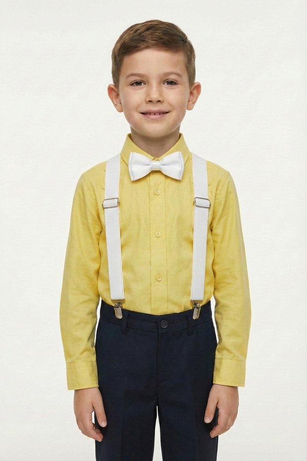 Boy's Yellow Long Sleeve Shirt White Suspender Bow Tie Set April 23 October 29 Show Outfit