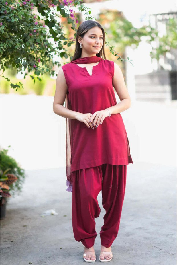 Maroon Cotton Farshi Shalwar Set With Georgette Dupatta