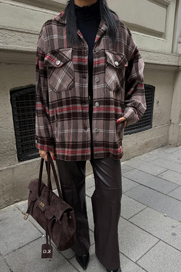 Plaid Patterned Brown Shirt Jacket - 6