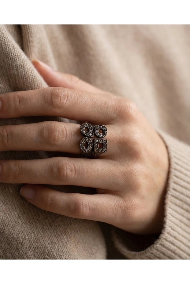 Bronze Jewelry Authentic Marcasite Stone Oval Cut Square Geometric Model Adjustable Vintage Women's Ring