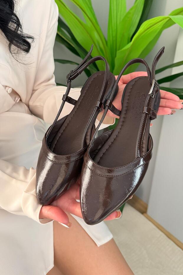 Women's Tena Brown Patent Leather Open Back Pointed Toe Daily Shoes Ballet Flats