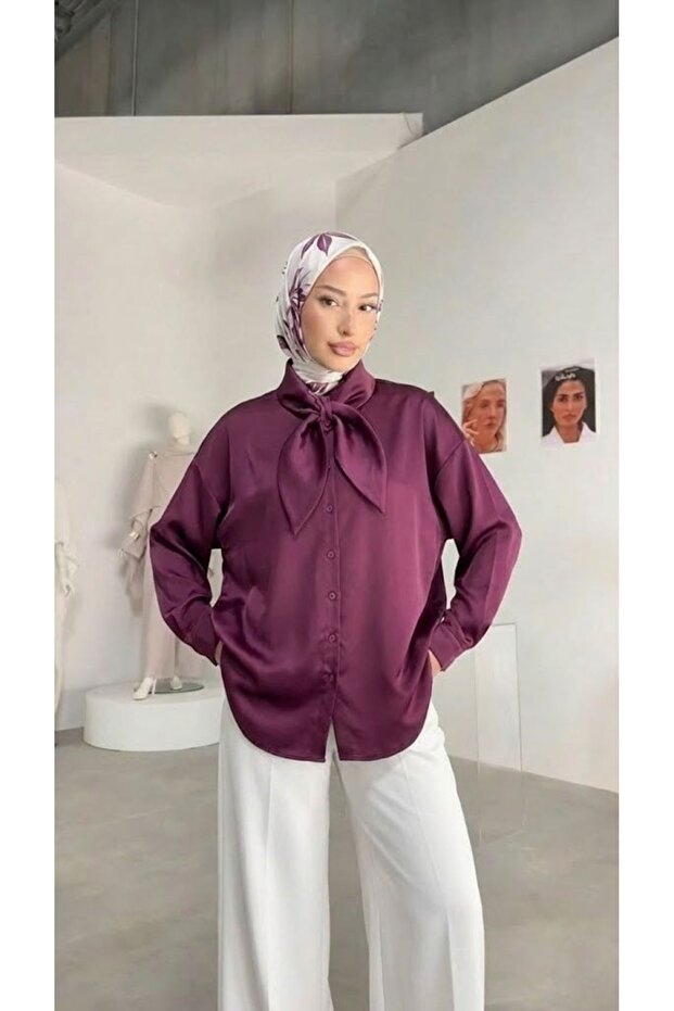 Collar Detail Satin Tunic-Purple
