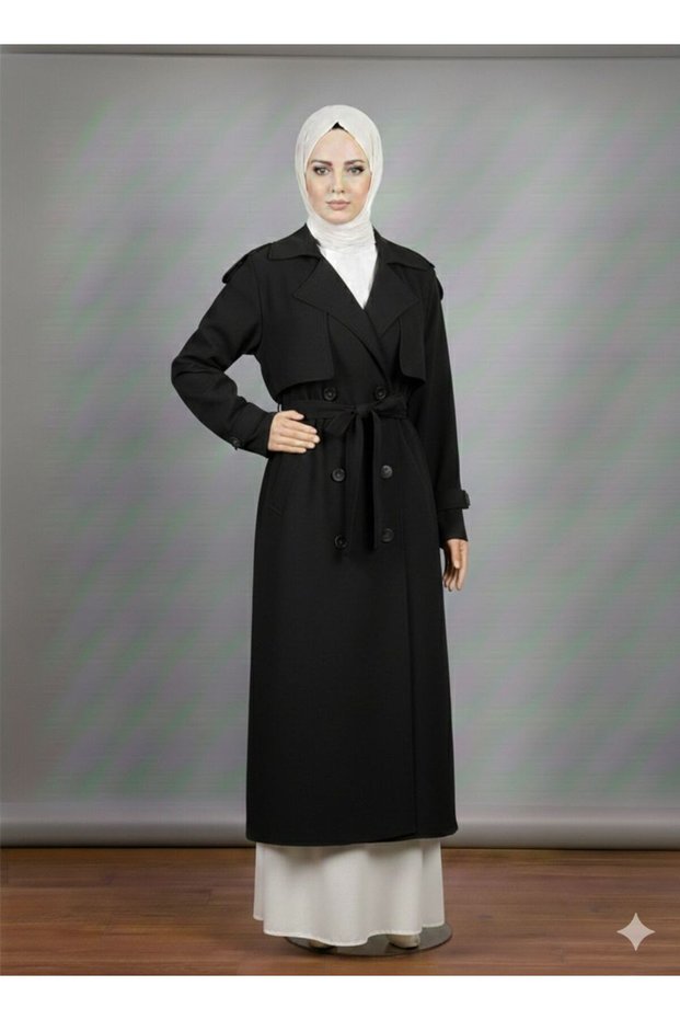 Women's Youthful Trench Coat with Buttons on the Back, Slits and Apollet Detail