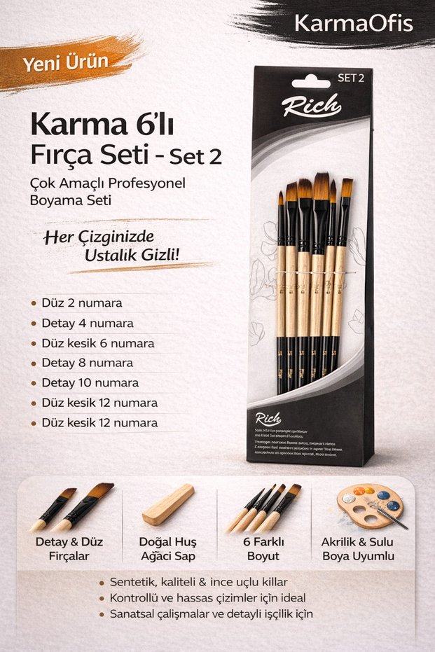 6-Piece Mixed Brush Set Set 2–Detail, Flat and Flat Cut Tip Professional Paint Brushes (Acrylic & Watercolor)