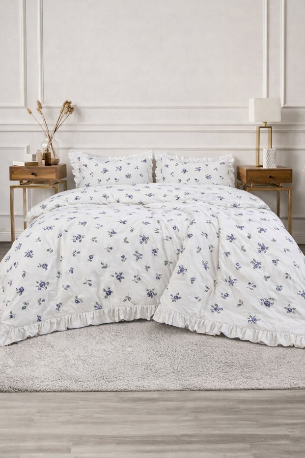 Double Duvet Cover Set 100% Cotton Cotton Pieces with Floral Detail Duvet Cover Set Easy Tulle Luxurious