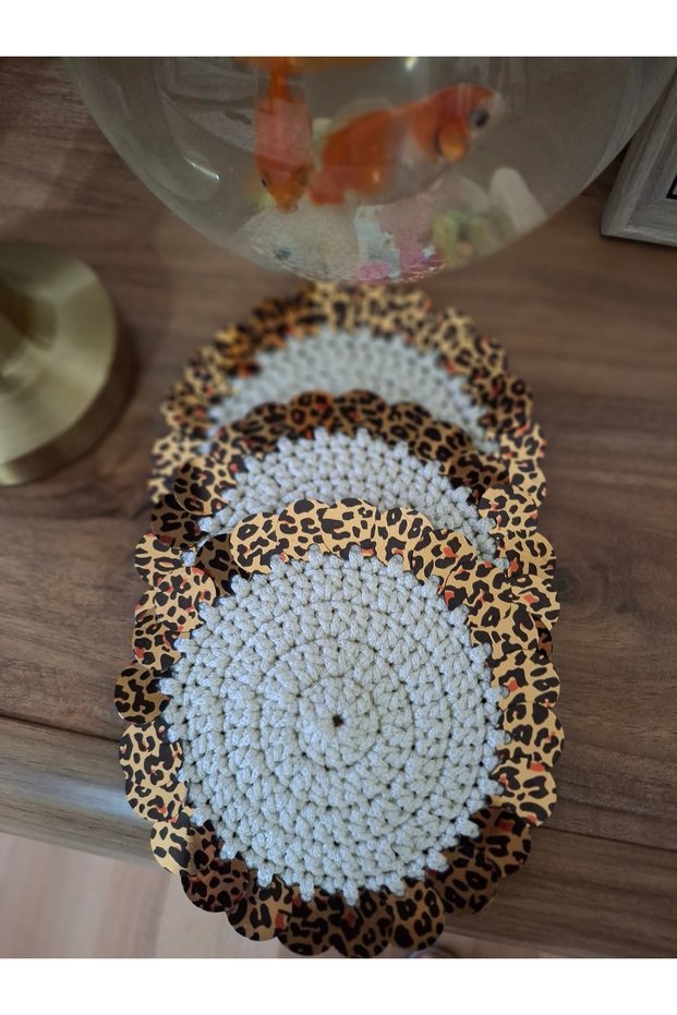 Coffee-Colored Sequined Presentation Napkins, Leopard Printed Pieces, 3 Pieces