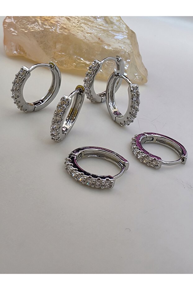 Set of 6 Silver Color Earrings with Zircon Stones 1cm