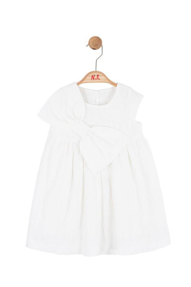 Baby Girl 1-4 Years Old Woven Fabric Dress with Bow Ecru