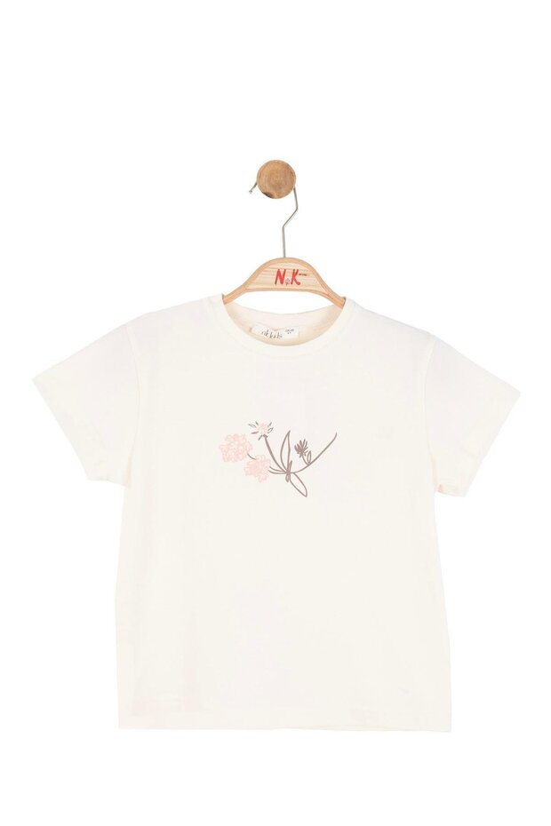 Baby Girl 4-8 Years Old Embossed Patterned Short Sleeve T-Shirt Cream