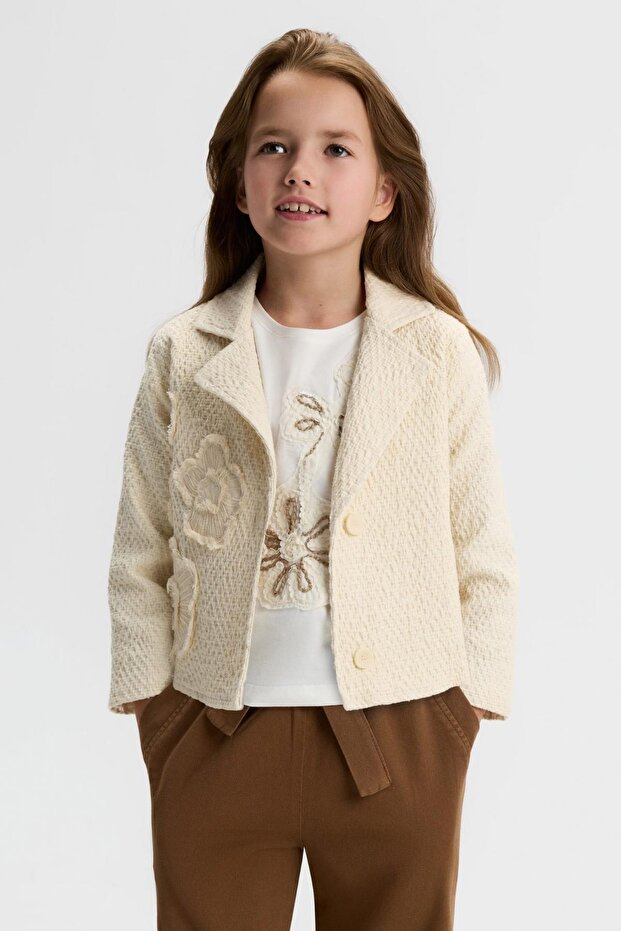 Girl Child 8-14 Years Old Embossed Textured Motif Jacket Cream