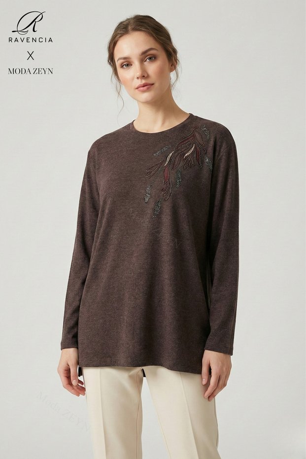 Women's Plus Size Colorful Leaf Patterned Stone Stretch Fabric Slit Wool Viscose Mother Combed Cotton Blouse