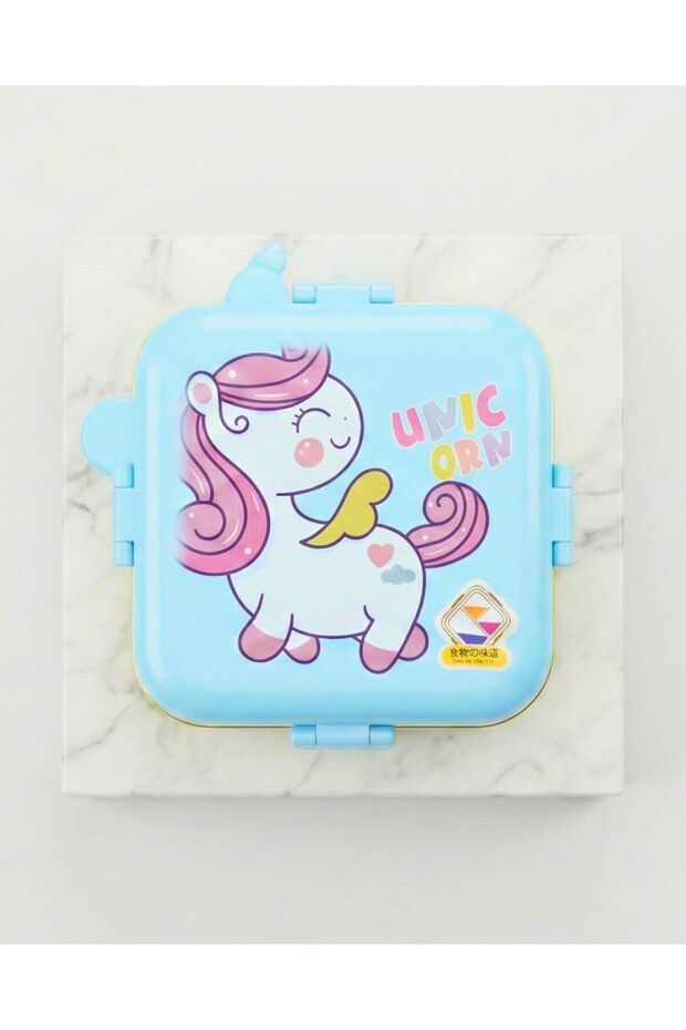 Kids Unicorn 304 Stainless Steel Bento Lunch Box with 3 Compartments & Cutlery - Blue and Yellow