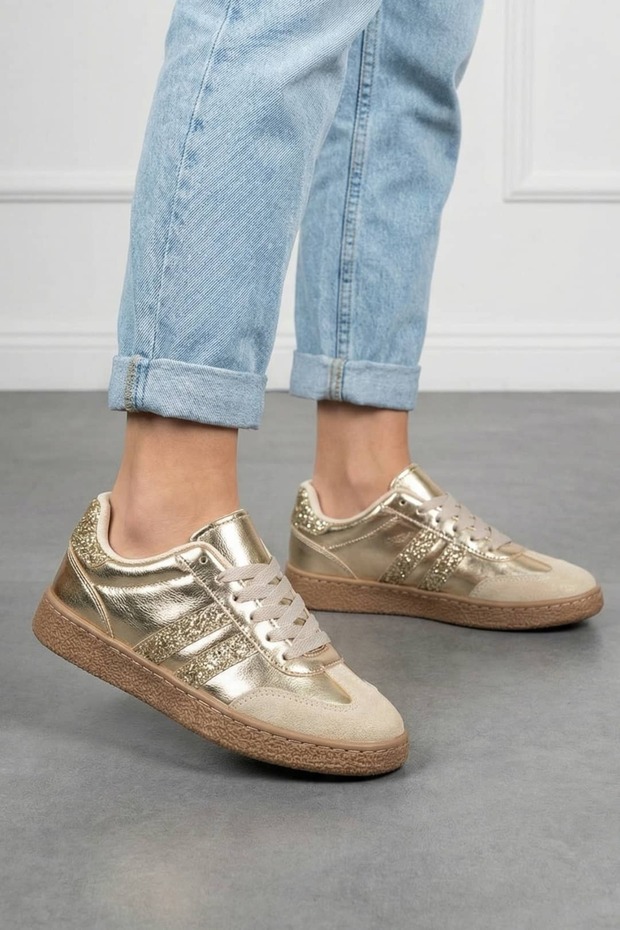Gold Women's Retro Sneakers Stripe Casual Sports Shoes 122Nav